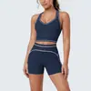 Conjunto de yoga escovado com blocos de cor estilo europeu e americano com decote em U, alças duplas, shorts esportivos traseiros, roupa de ginástica, conjunto para treino de corrida