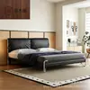 Bauhaus Piel de Vaca Capa Superior Almacenamiento Respaldo Doble Tapicería Suave Cama Doble Minimalista Estructura de Cama de Acero Inoxidable Muebles para Apartamento Hotel