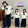 Suéter de otoño de cuello redondo con estampado de estrellas, conjunto de atuendo de otoño para niñas, adecuado para niñas petite, atuendo de estilo coreano para principios de otoño, conjunto completo