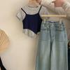 Ropa Coreana para Niños Trajes para Niñas 2025 Moda Infantil Tops de Dos Piezas Falsas a la Moda, Pantalones de Pierna Ancha y Jeans para Niñitas a la Moda
