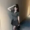 Conjunto de Duas Peças Verão Estilo Coreano Cintura em V Apertada Camisa Cinza de Manga Curta Estilo Pura Luxúria Uniforme Jk Camisa Feminina