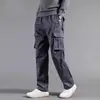 Calças de trabalho masculinas de corte reto com forro de fleece para outono e inverno, primavera e outono, calças de trabalho casuais de corte largo