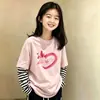 Camiseta de manga larga de algodón puro para niña, look de dos piezas para primavera y otoño, cuello redondo, camiseta básica elegante, top a rayas de moda versátil estilo coreano
