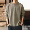 Nueva camiseta de manga larga texturizada retro americana para hombre, camiseta básica de cuello henley de ajuste holgado de moda para primavera, para el día a día
