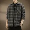 Camisa de Manga Larga a Cuadros Cepillados Retro Japonesa de Gama Alta para Hombre en Otoño Casual Holgada Chaqueta de Trabajo Pesada para Hombre