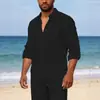 Nova Camisa de Linho Masculina de Manga Longa, Camisa Casual de Praia com Caimento Solto e Colarinho, Camisa Lisa de Manga Longa