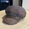 Chapéu Boina Xadrez Marrom Retrô Pato Outono Inverno Mulheres Circunferência da Cabeça Grande Chapéu Octogonal Newsboy Faz o Rosto Parecer Menor Chapéu de Pintor