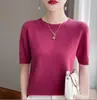 Camiseta solta para mulheres na primavera e outono, não de caxemira, de manga curta, top cropped, camada interna, suéter de tricô com gola redonda