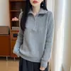 Suéter de punto para mujer de otoño e invierno, grueso, con cuello de 10 costillas, cordón de doble hebra y un diseño holgado de longitud media
