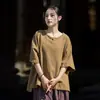 Otoño algodón y lino mujer nuevo diseño original estilo chino suéter modificado ramio lavado a la arena manga corta botón arriba camiseta mujer