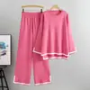 Conjunto de Tricô Popular Europeu e Americano Transfronteiriço Amazon para Mulheres no Outono e Inverno Conjunto de Duas Peças com Suéter e Calça de Perna Larga com Fenda e Manga Longa