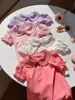 Camiseta Nueva de Verano para Niña, Manga Corta, Color Caramelo, Delgada, con Lazo y Cuello de Muñeca, Elegante Top para Bebé con Mangas de Linterna de Media Longitud