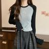 2025 Novo Estilo Outono Camiseta Top de Manga Raglan Ajustada Curta Gola Redonda para Usar por Baixo Manga Comprida Roupa Feminina Fina