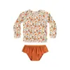 Maiô Infantil Menina Duas Peças Manga Longa Proteção Solar Estampado Floral Bebê Roupa de Banho para Férias na Praia Conjunto de Três Peças