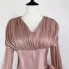 Vestido Curto Fluido Transparente Estilo Europeu e Americano para Mulheres, Resistente, Acinturado, Emagrecedor, com Babados Bufantes, para Baixinhas