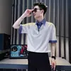 Camisa Polo Falsa de Dos Piezas de Gama Alta Camiseta de Manga Corta para Hombre 2025 Nuevo Verano Manga Tres Cuartos de Seda de Hielo Cuello en V para Hombre