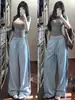 Pantalones deportivos plisados azul hielo con tres rayas para mujer, verano 2026 nuevo, finos, de cintura alta, adelgazantes, de secado rápido, pierna ancha, casual