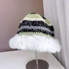 Chapéu de Pescador Listrado Patchwork de Pelúcia Designer Feminino Outono e Inverno Versátil Mostra o Rosto Pequeno Quente Proteção para as Orelhas Chapéu de Tricô Tendência