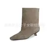 Botines de Piel de Vaca Tacón Gato Caña Ancha para Mujer Botas Individuales Otoño Invierno Nuevas Punta Cuadrada Tacón de Aguja Sin Cordones Botas de Moda Botines de Piel Genuina para Mujer