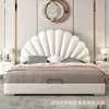 Cama estilo pétalo crema con carcasa de cama de cuero genuino, cama para dormitorio principal tapizada, cama para niña, cama doble de alta gama para bodas