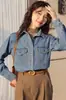 Foto Real de la Nueva Moda Femenina 2025 Elegante Versátil Retro Cuello Solapa Color Sólido Lavado Suave Top Camisa de Mezclilla para Mujer