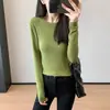 Esencial para principios de otoño~Textura natural de bambú, corte segmentado, camiseta básica de cuello redondo adelgazante, camiseta de manga larga para mujer Z0831J