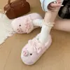 Chinelos de algodão laço pelúcia rosa feminino quentes porquinho sapatos de algodão renda fofos casa bico fechado sapatos internos 2026
