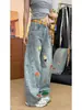 Diseño Retro Americano Bordado Floral Jeans para Mujer Otoño Tendencia Sueltos Versátiles Rectos Pantalones Casuales