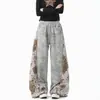 Pantalones de chándal con estampado de leopardo estilo asiático, patchwork, dobladillo curvo, para hombre y mujer, otoño vintage desgastado casual, pantalones rectos, pantalones de pierna ancha con cordón holgado