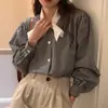 Jaqueta-camisa azul de comprimento médio para mulheres, novo modelo primavera 2023, gola polo, cardigã casual solto de manga longa