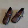 2026 Nuevos Zapatos Planos Tejidos a Mano Estilo Retro para Mujer, Piel Suave, Suela Suave, Hebilla Única Romana, Zapatos Mary Jane Franceses