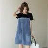 Vestido Casual para Mujer, Nuevo Estilo Verano 2025, Falda de Mezclilla Patchwork, Adelgazante y Elegante, Falda Suelta de Longitud Media, Negro
