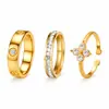 Conjunto de Anillos Combinados de Acero Inoxidable Estilo Retro Francés Múltiples Estilos Conjuntos de 3/4/5 Piezas Anillo de Apilamiento con Diamantes Incrustados de Nácar