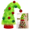 Adorno de copa de árbol de peluche del Grinch de Navidad con cuernos de elfo, pompones rojos y verdes, adorno superior de árbol de Navidad de bola roja