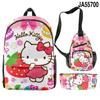 Nuevo producto 3D Cross-borDer: mochila escolar con diseño de Hello Kitty, bolso cruzado, estuche para lápices, conjunto de tres piezas con impresión