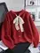 Moda Europea y Americana Patchwork de Encaje Lazo Cuello Redondo Forma de Corazón Longitud Media Botones Suéter Cardigan Abrigo