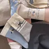 Calcetines Rayados Azul Grisáceos Estilo Coreano para Mujer, Calcetines de Media Pantorrilla, Calcetines para Mujer de Algodón Peinado, Calcetines Lindos de Cachorro de Dibujos Animados Estilo Japonés de Moda