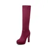 Comércio exterior Outono e inverno europeu e americano, botas de salto alto plataforma altas, botas de cano médio para perna fina, botas femininas de camurça com bico redondo em vários tamanhos