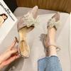 Sandálias de Verão 2025 para Mulheres Novo Estilo Baotou Vazado Laço Salto Alto Fada Sapatos de Bico Fino para Mulheres Vestido Estilo Princesa