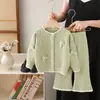Suéter com jaqueta de tricô floral tridimensional para meninas Aekyung, novo conjunto de tricô, conjunto de calça floral feito à mão para meninas