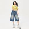 Jeans Cropped de Perna Larga Americano High Street para Mulheres no Verão Retrô Lavado e Desgastado Cintura Alta Solto e Versátil Calça Reta