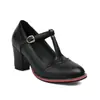 Zapatos de Salón Individuales para Mujer Estilo Británico de Primavera y Otoño, Punta Redonda, Tacón Alto Grueso, Tira en T Retro, Zapatos de Tacón Alto para Mujer con Patrón Brogue