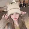 Bonito Sombrero de Orejas de Gato para Mujer, Gorro de Punto de Invierno Nuevo, Cálido Gorro Tejido que Hace que la Cara Parezca Más Pequeña, con Forro de Terciopelo para Protección de Orejas, Gorro de Osito
