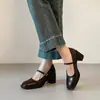 Versión de Piel de Vaca~Zapatos Mary Jane de Tacón Grueso Estilo Francés con una Sola Hebilla, Boca Baja, Punta Cuadrada, Versátiles para el Trabajo, Zapatos Pequeños de Piel