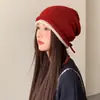 Chapéu de Tricô com Cordão e Barra Enrolada Estilo Japonês para Mulheres para Outono e Inverno, Chapéu Versátil Protetor de Orelhas para o Frio, Chapéu de Lã que Afina o Rosto