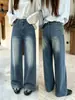 Jeans largo feminino com aplicações de strass, nova coleção de outono 2026, cintura alta, modelagem solta, estiloso, com design de perna reta, comprimento até o chão