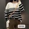 Cardigan de Tricô Listrado Color-Blocking Outono e Inverno Versátil Elegante Casaco Suéter Gola Redonda Estilo Coreano Retrô Suéter Tendência
