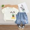 Traje de Verano para Niños, Manga Corta 2025 Nuevo Estilo Caricatura Bolsillo con Solapa Pantalones Shorts de Mezclilla Manga Corta Perro Conjunto de Dos Piezas Moderno