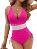 Aliexpress Amazon Popular Transfronterizo Europeo y Americano Multicolores Cuello en V Cubre Piel Tiras Plisadas Aspecto Adelgazante Traje de Baño de Una Pieza para Mujer