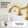 Grifo Retro de Tres Agujeros Estilo Francés para Lavabo de Baño, Grifo Dividido de Doble Manija Cerámico de Cobre Macizo Chapado en Oro